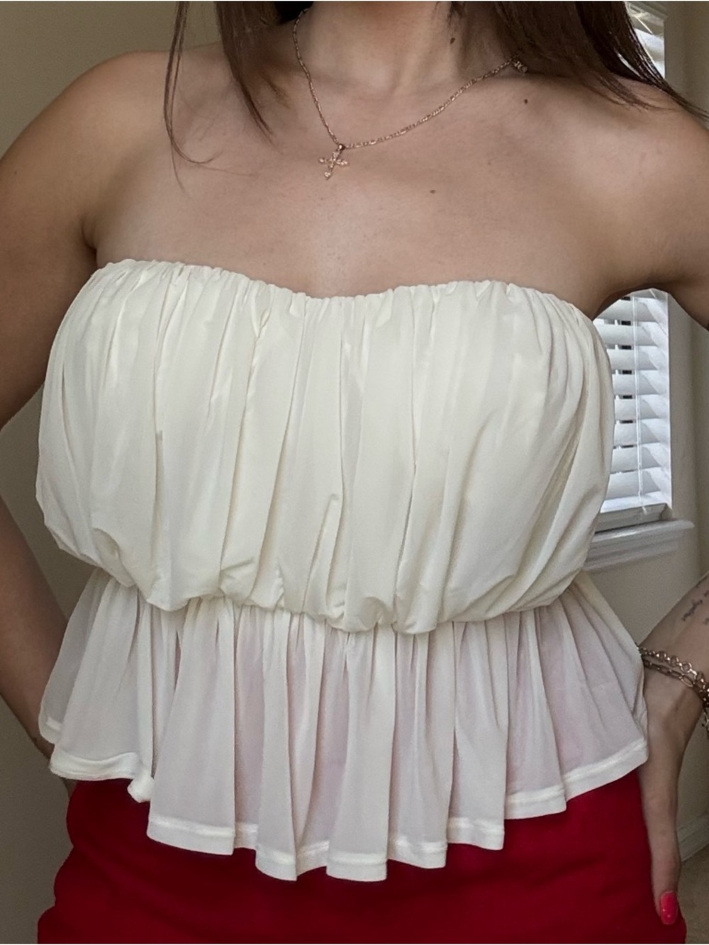 Express Strapless Ruched Peplum Top - Cream - Picture 2 of 5